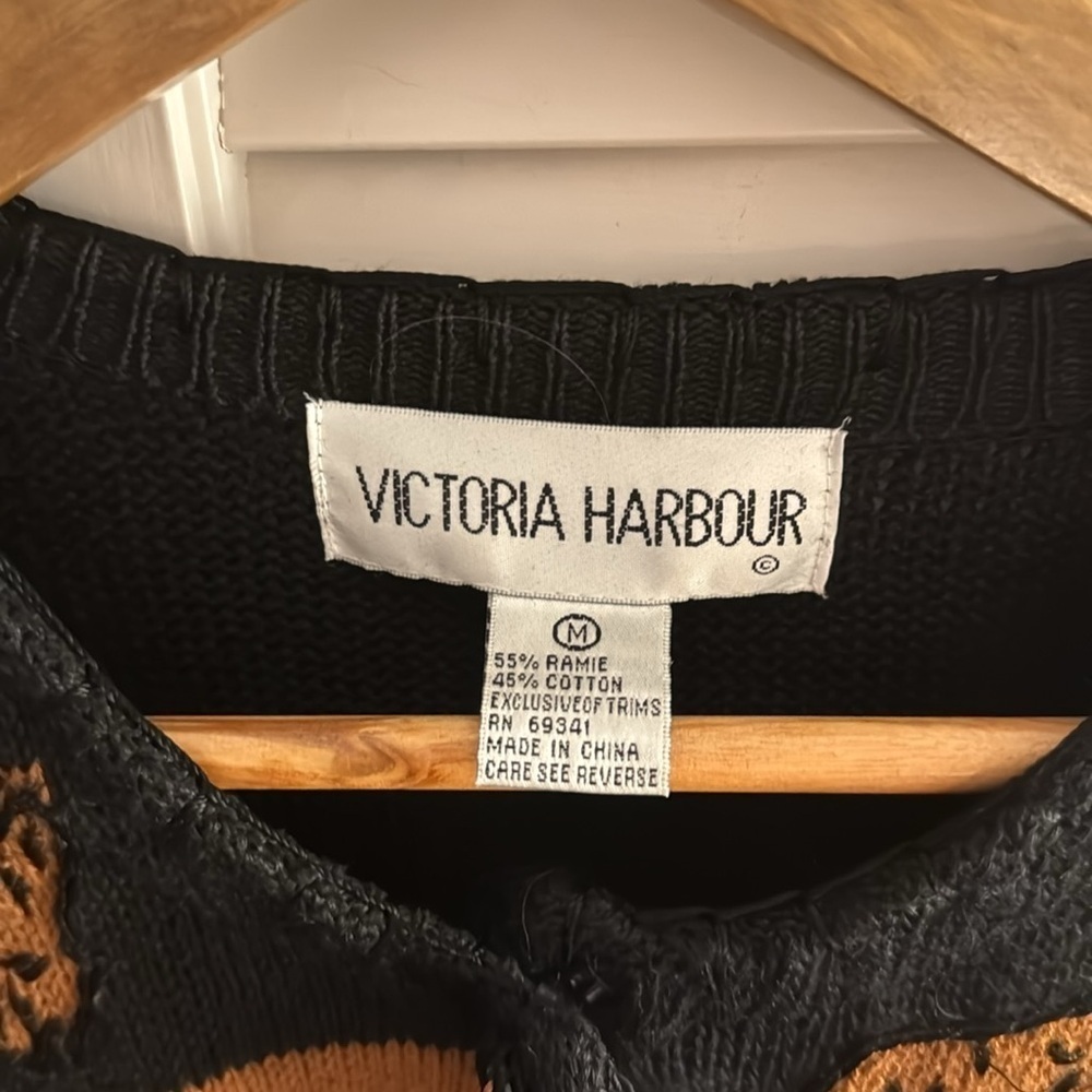 Victoria Harbour Cardigan Size Medium Sweater Black Brown Animal Print Vintage - Picture 8 of 8